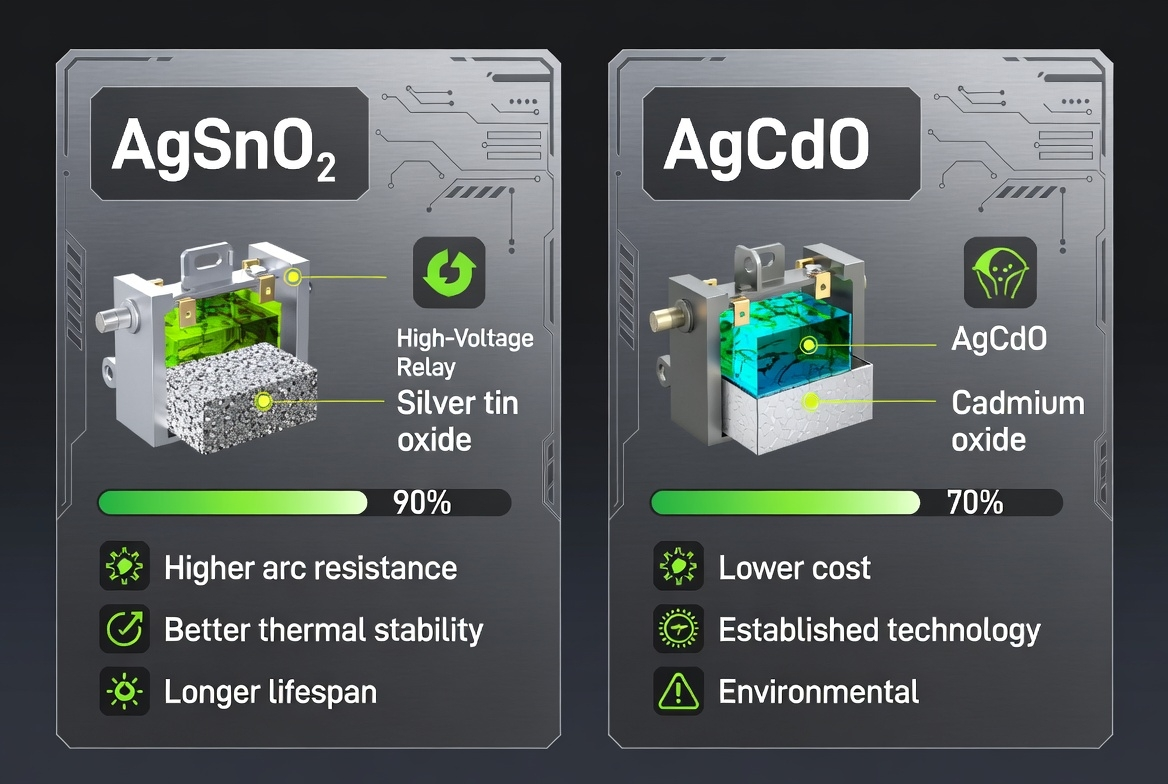 AgSnO2 vs AgCdO performance comparison for EV relays 2026