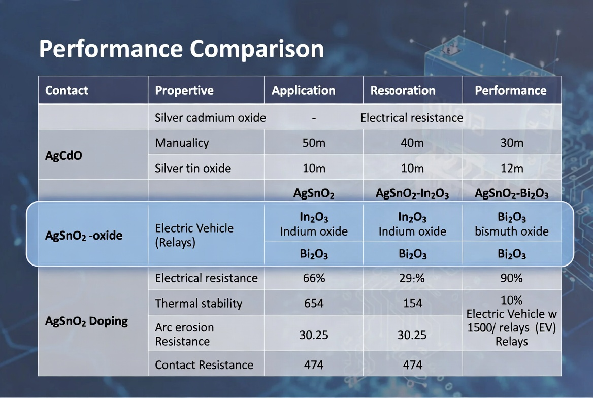 AgSnO2 doping In2O3 vs Bi2O3 comparison for EV relays 2026