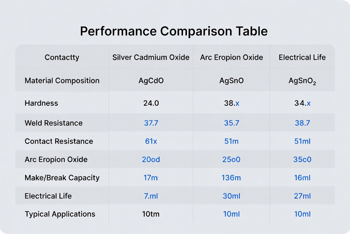 Silver cadmium oxide vs silver tin oxide contacts performance table 2026