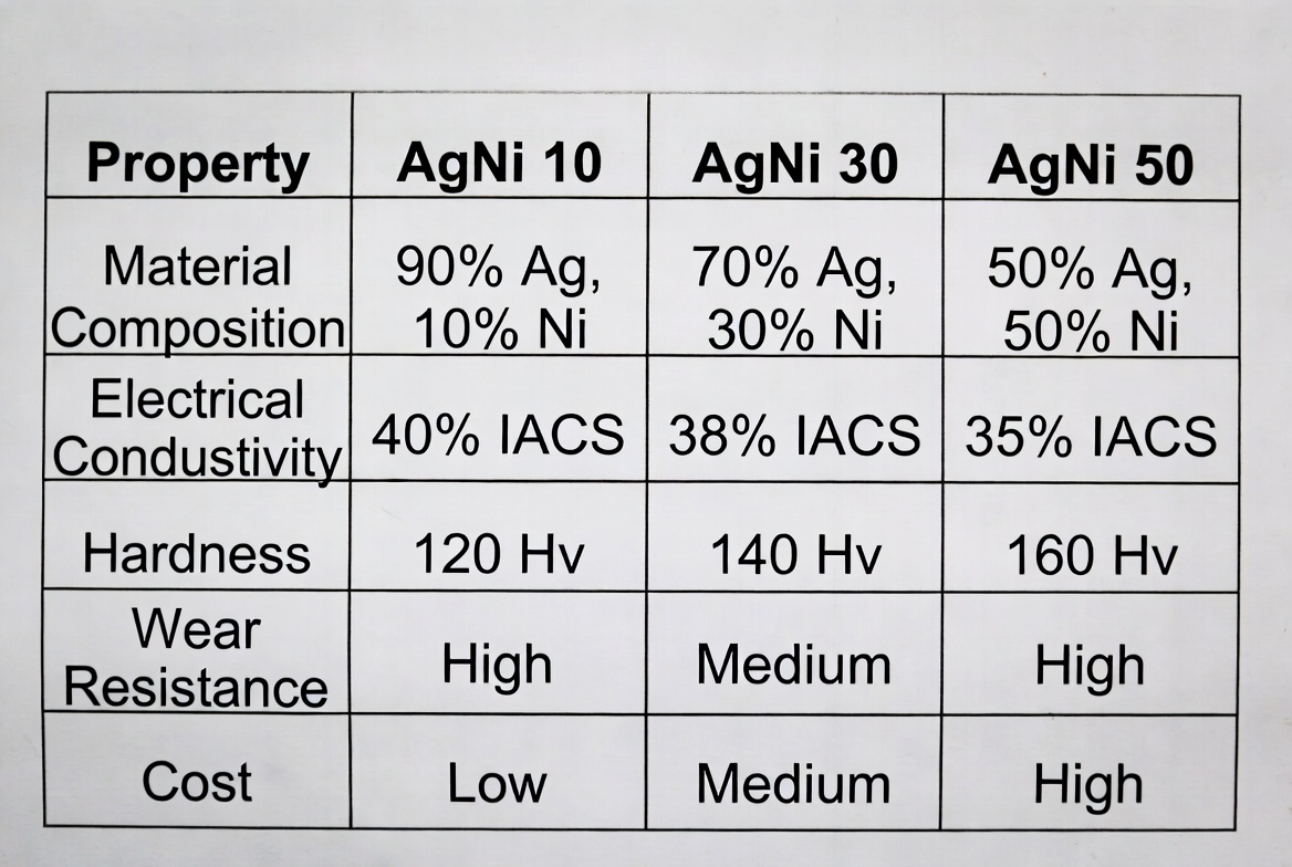 AgNi contact key properties comparison table 2026