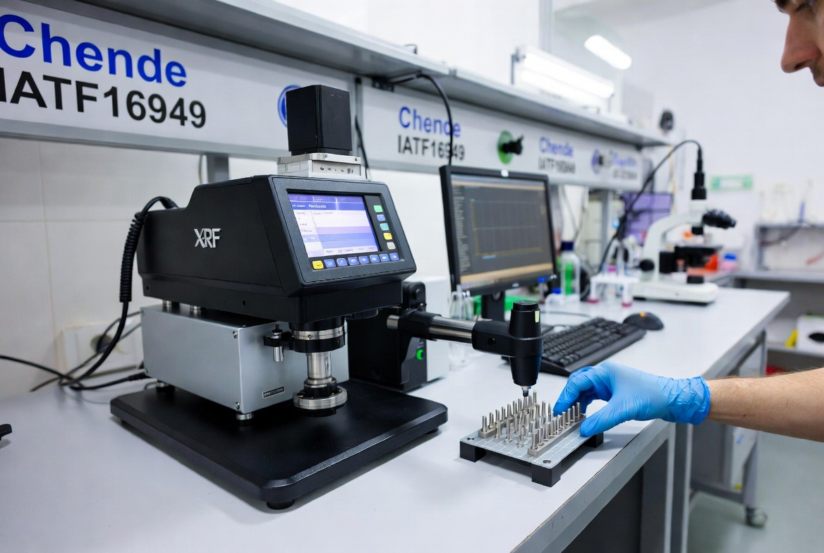 Chende IATF16949 certified quality control lab: XRF alloy analysis for silver contacts
