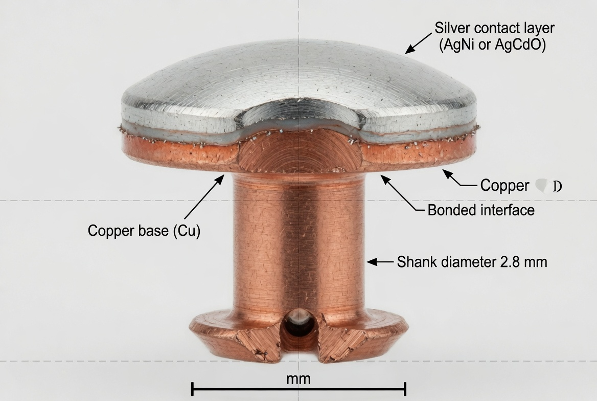 Cross-section of bimetal silver contact rivet